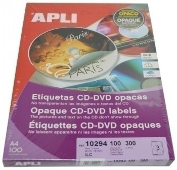 ETIQUETAS ADH.IMPR.APLI A4 MULTIMED.CD-DVD MEGA CAJA 100H DORSO OPACO 18MM 300UDS