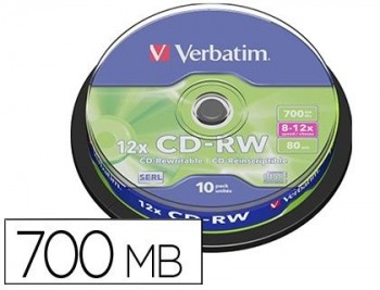 CD-RW VERBATIM SERL CAPACIDAD 700MB 12X 80MIN PACK 10U