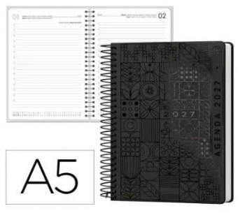 AGENDA OFICINA LIDERPAPEL 2027 ESPIRAL SYROS DIA PAGINA A5 BILINGUE PAPEL FSC NEGRO