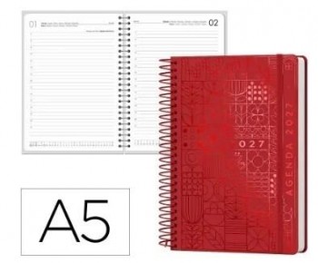 AGENDA OFICINA LIDERPAPEL 2027 ESPIRAL SYROS DIA PAGINA A5 BILINGUE PAPEL FSC ROJO