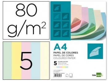 PAPEL COLOR LIDERPAPEL A4 80G/M2 5 COLORES SURTIDOS PAQUETE DE 500