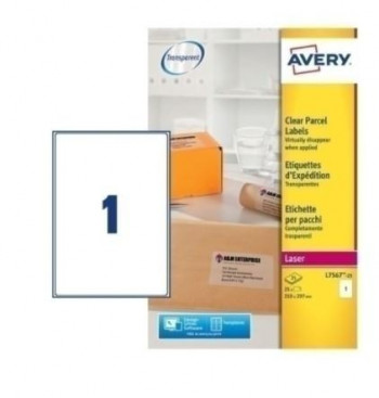 ETIQUETAS ADH.IMPR.AVERY A4 POLYESTER TRANSPARENTE C.ROMOS LASER CAJA 25h 210x297 mm 25 uds.(L7567)