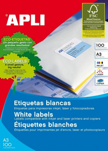 ETIQUETAS ADH.IMPR.APLI A3 BLANCA C.RECTOS CAJA 100h 297x420 mm 100 uds.(11352)