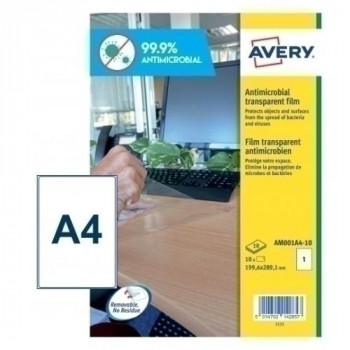 ETIQUETAS ADH.AVERY A4 POLYESTER ANTIBACTERIANA Y ANTIMICROBIANA REMOVIBLE CAJA 10H 199,6x289,1MM 10UDS
